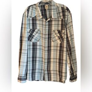 BKE Mens Button Down Shirt Pearl Snap 100% Cotton Sz XL Distressed Plaid Western
